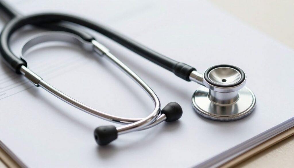 Medical stethoscope on patient charts, symbolizing healthcare administration.