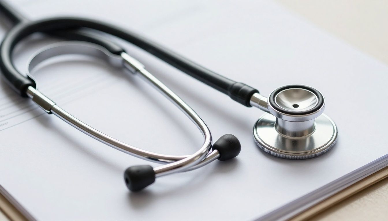 Medical stethoscope on patient charts, symbolizing healthcare administration.