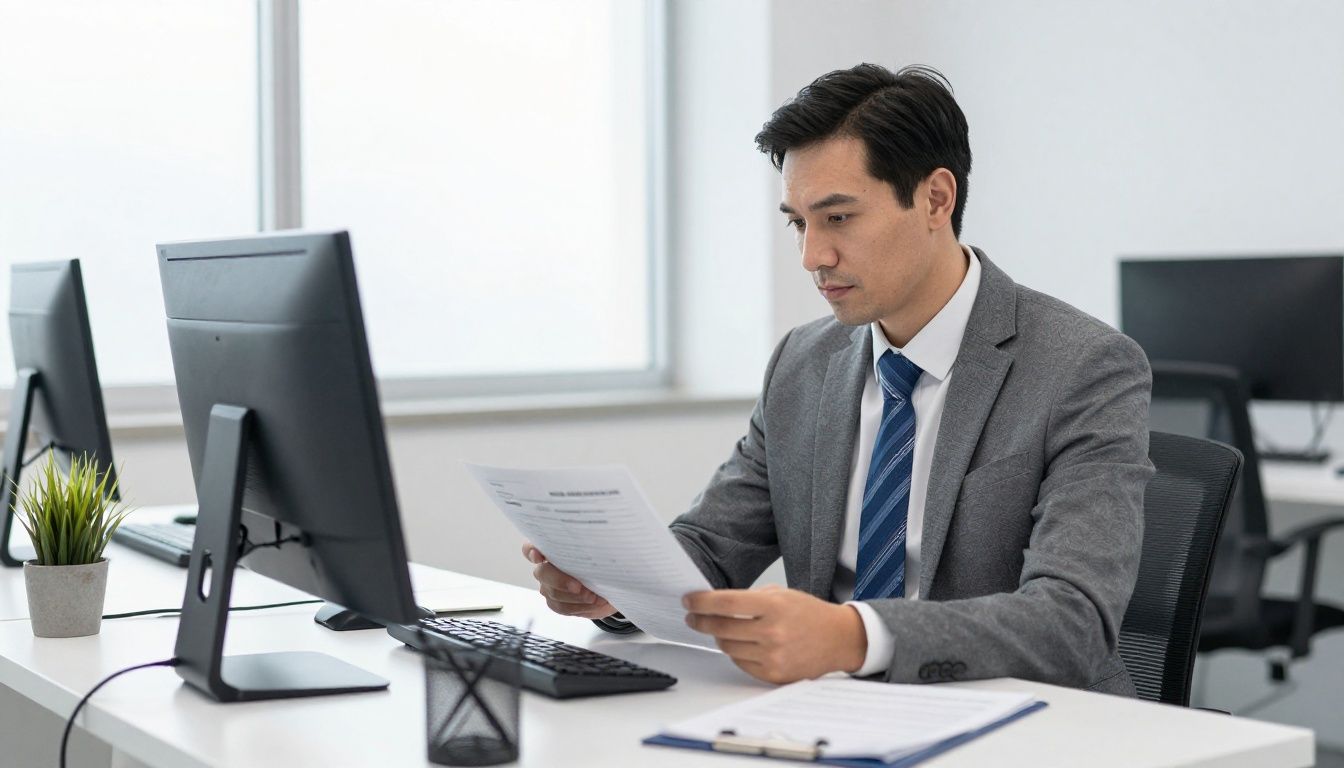A professional white male office manager reviewing medical billing documentation in a bright, modern clinic office in the United States.