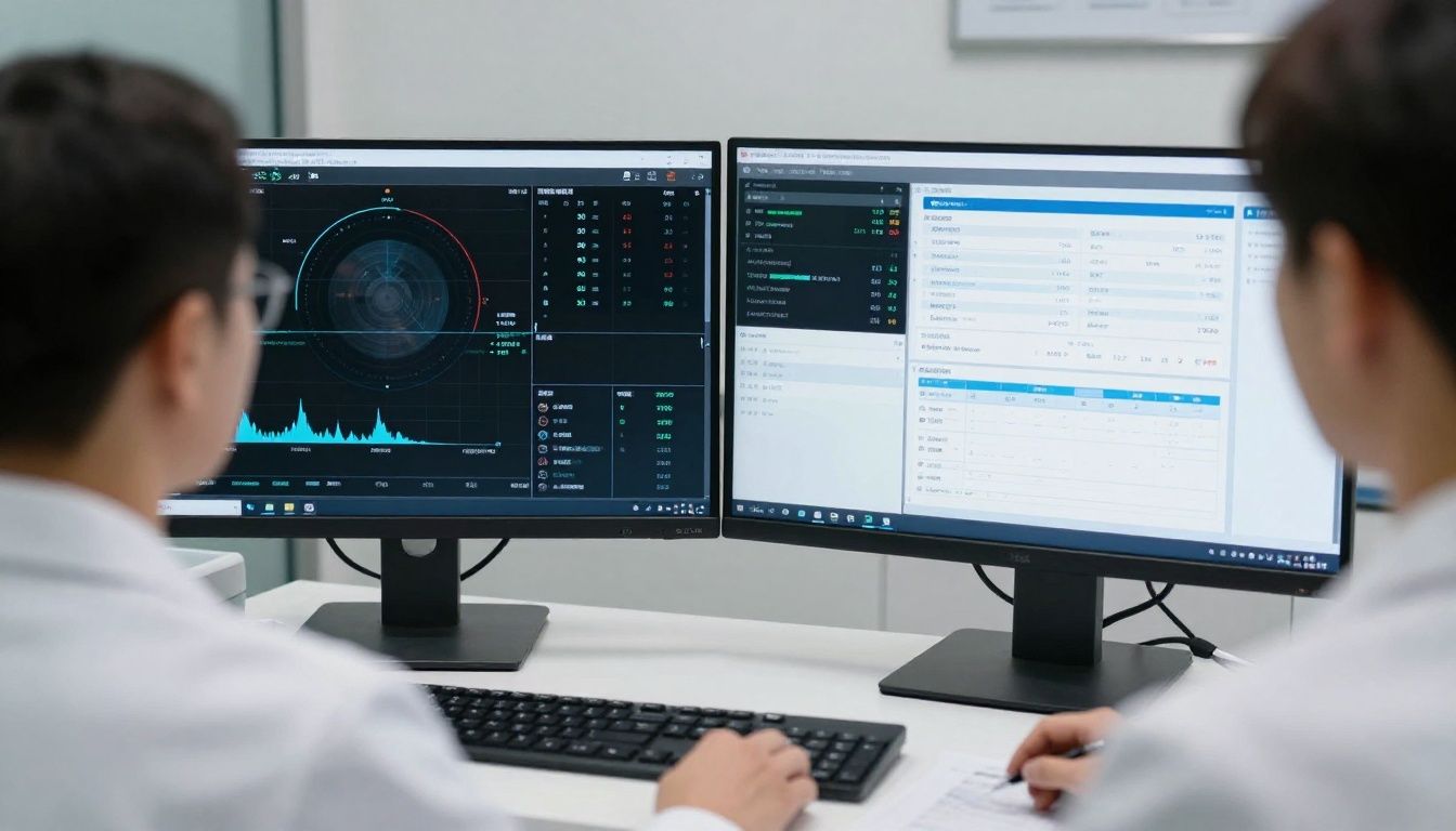 A professional radiology clinic setting showing advanced medical imaging technology and digital revenue management dashboard.