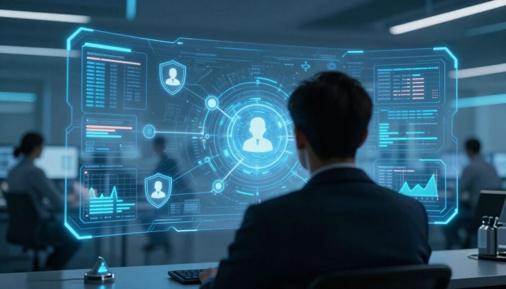 Wide-angle over-the-shoulder view of a healthcare data analyst, seen only as an out-of-focus silhouette from behind, viewing an interactive glowing blue holographic interface with connected nodes, security shields, user icons, and encrypted financial charts. A futuristic medical billing command center with blurred workstations appears in the soft-focus background, with neon blue and cyan lighting, a high-tech corporate cybersecurity aesthetic, photorealistic 16:9 composition, and no visible faces.
