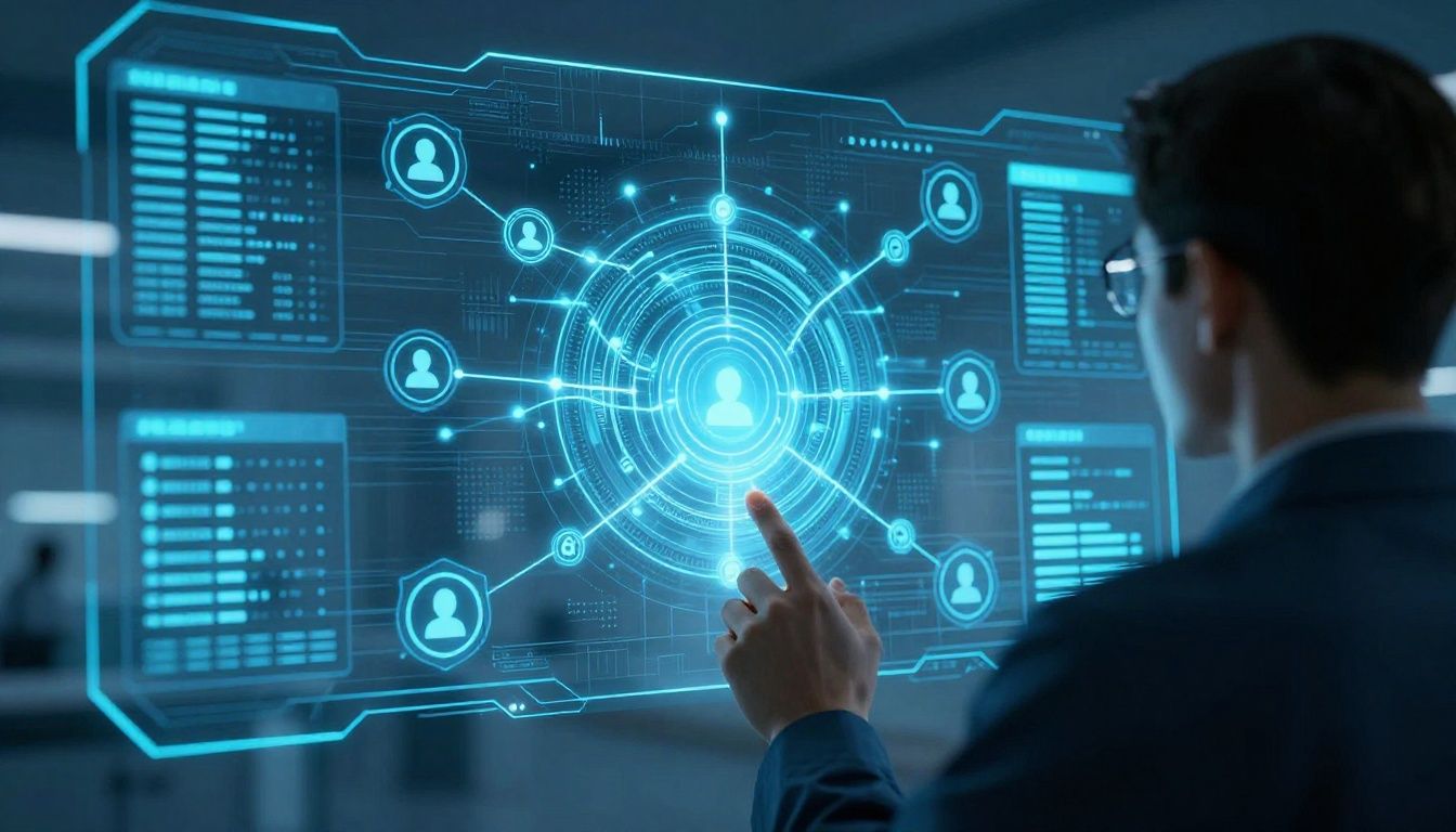 Healthcare data analyst viewing a glowing blue holographic interface with connected nodes, security shields, user icons, and encrypted financial charts in a futuristic medical billing command center, viewed over the shoulder with no visible face, cinematic neon blue and cyan lighting, photorealistic 16:9