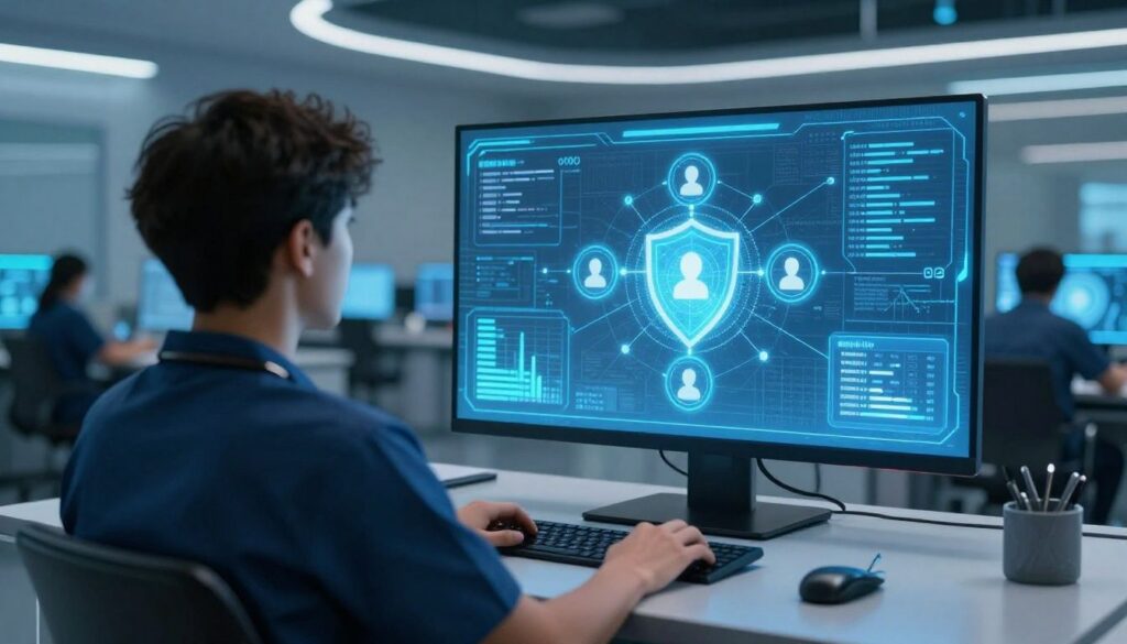 Wide-angle over-the-shoulder view of a healthcare data analyst with their back completely turned to the camera, viewing a glowing blue holographic interface with connected nodes, security shields, user icons, and encrypted financial charts, set in a futuristic medical billing command center with blurred workstations, neon blue and cyan lighting, photorealistic corporate cybersecurity aesthetic, 16:9 aspect ratio