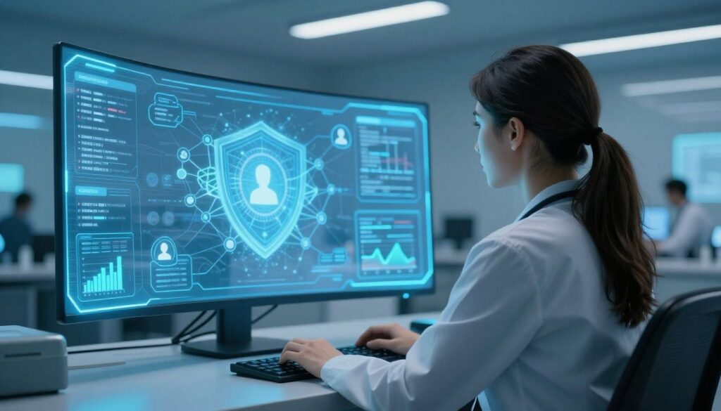 Over-the-shoulder view of a healthcare data analyst in a futuristic medical billing command center, viewing a glowing blue holographic interface with connected nodes, security shields, user icons, and encrypted financial charts, with no visible face, cinematic corporate cybersecurity aesthetic, neon blue and cyan lighting, photorealistic, 16:9