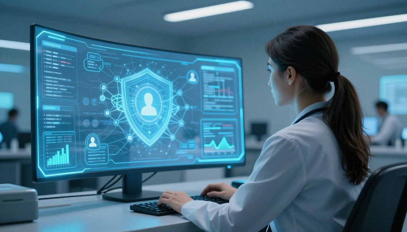 Over-the-shoulder view of a healthcare data analyst in a futuristic medical billing command center, viewing a glowing blue holographic interface with connected nodes, security shields, user icons, and encrypted financial charts, with no visible face, cinematic corporate cybersecurity aesthetic, neon blue and cyan lighting, photorealistic, 16:9
