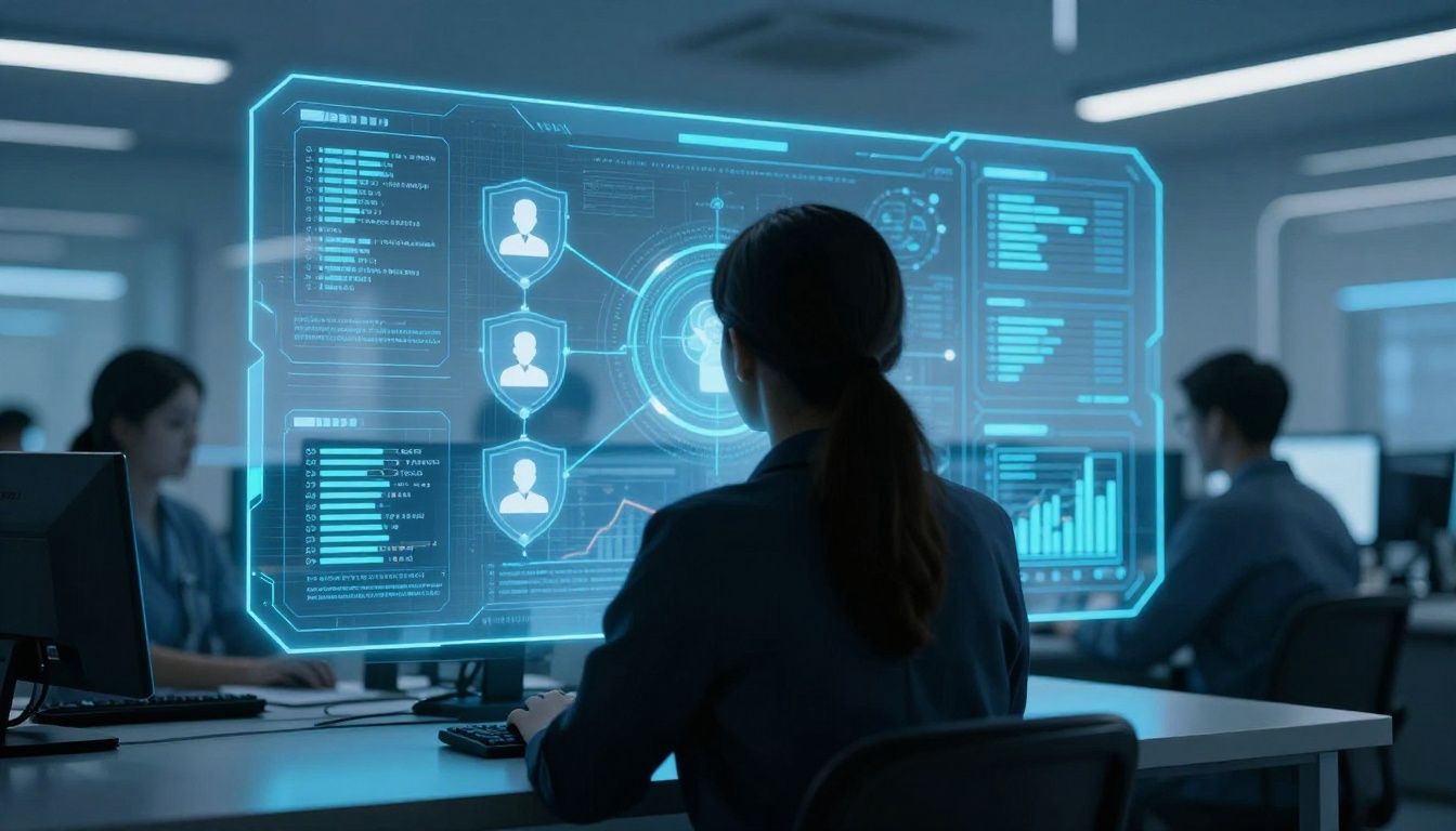Wide-angle over-the-shoulder view of a healthcare data analyst seen only as an out-of-focus silhouette from behind, viewing a glowing blue holographic interface with connected nodes, security shields, user icons, and encrypted financial charts in a futuristic medical billing command center. Blurred workstations, neon blue and cyan lighting, high-tech corporate cybersecurity aesthetic, photorealistic, 16:9 aspect ratio, no visible face.