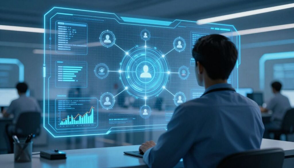 Wide-angle over-the-shoulder view of a healthcare data analyst, shown only as an out-of-focus silhouette with their back turned to the camera, viewing an interactive glowing blue holographic interface with connected nodes, security shields, user icons, and encrypted financial charts in a futuristic medical billing command center, with blurred workstations, neon blue and cyan lighting, a high-tech corporate cybersecurity aesthetic, photorealistic, 16:9 aspect ratio