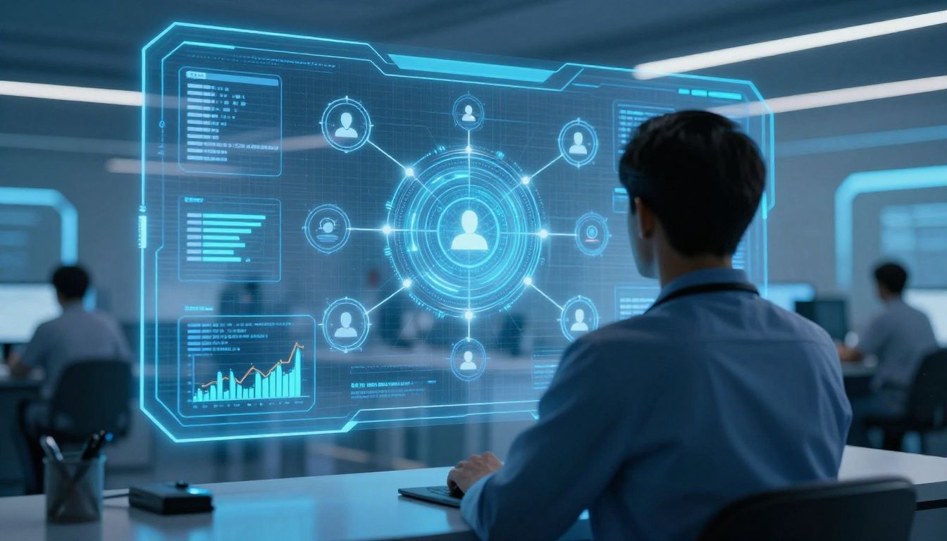 Wide-angle over-the-shoulder view of a healthcare data analyst, shown only as an out-of-focus silhouette with their back turned to the camera, viewing an interactive glowing blue holographic interface with connected nodes, security shields, user icons, and encrypted financial charts in a futuristic medical billing command center, with blurred workstations, neon blue and cyan lighting, a high-tech corporate cybersecurity aesthetic, photorealistic, 16:9 aspect ratio
