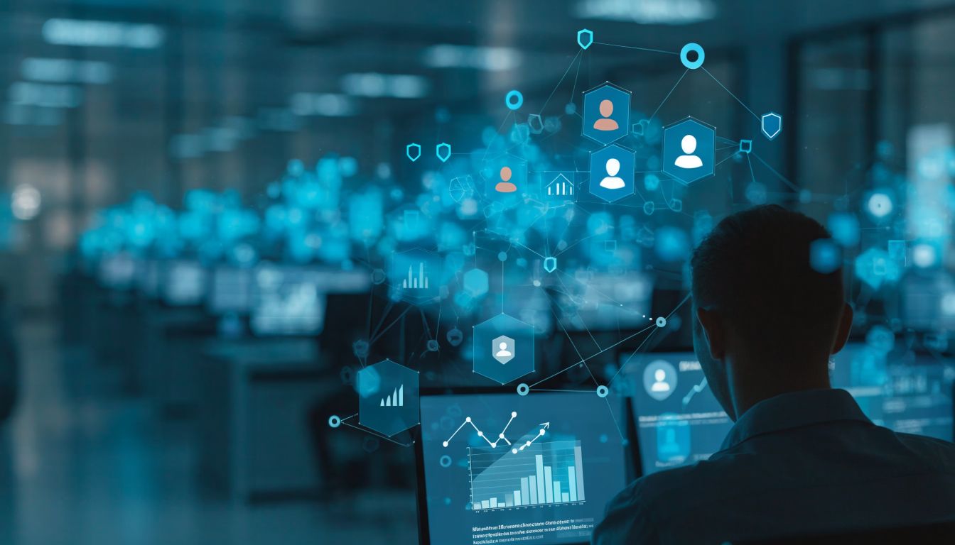A wide-angle, over-the-shoulder view of a healthcare data analyst seen only as an out-of-focus silhouette from behind, reviewing an interactive blue and cyan holographic interface with connected nodes, security shields, user icons, and encrypted financial charts, set in a softly blurred medical billing command center with workstations, cinematic corporate cybersecurity aesthetic, photorealistic, 16:9