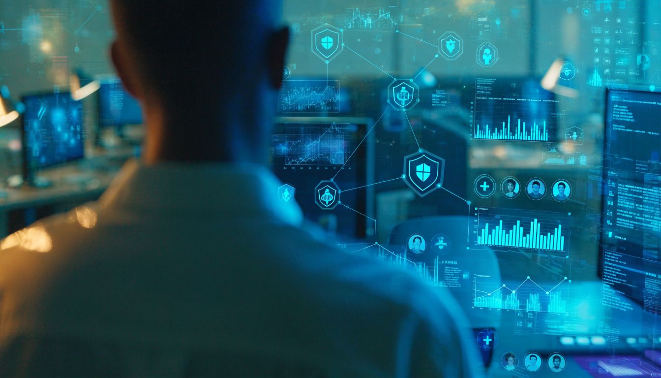 Over-the-shoulder wide-angle view of a healthcare data analyst, shown only as an out-of-focus silhouette with their back to the camera and no visible face, viewing an interactive glowing blue and cyan holographic interface with connected nodes, security shields, user icons, and encrypted financial charts in a futuristic medical billing command center with soft-focus workstations, cinematic corporate cybersecurity aesthetic, photorealistic, 16:9