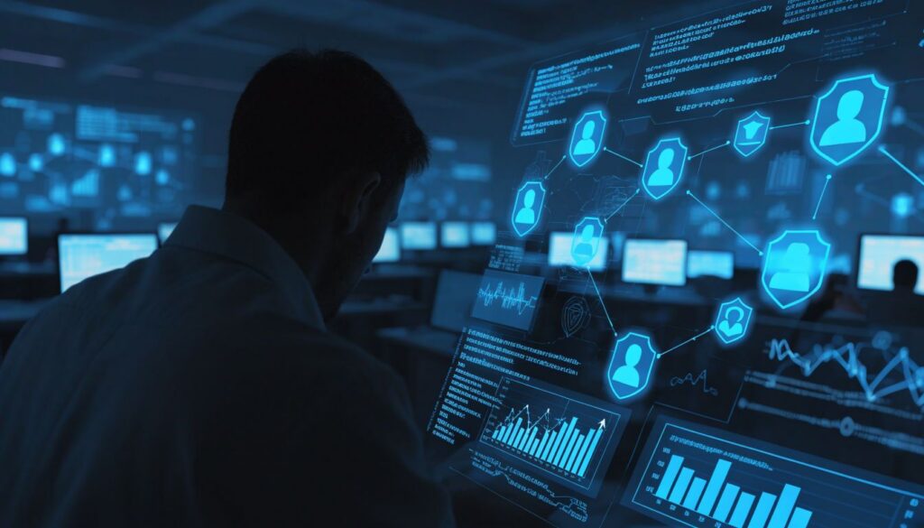 Wide-angle, over-the-shoulder view of a silhouette-like healthcare data analyst, with their back turned and face not visible, viewing an interactive glowing blue holographic interface of connected nodes, security shields, user icons, and encrypted financial charts in a futuristic medical billing command center with blurred workstations, cinematic neon blue and cyan lighting, photorealistic corporate cybersecurity aesthetic, 16:9 aspect ratio