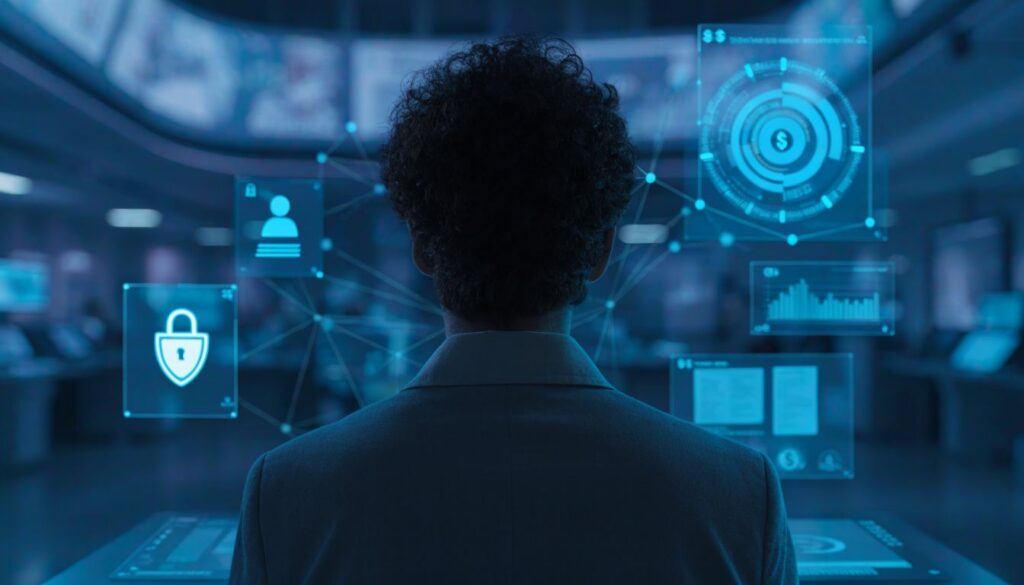 A healthcare data analyst viewed from behind in a softly blurred, futuristic medical billing command center, observing a glowing blue and cyan holographic interface with connected nodes, security shields, user icons, and encrypted financial charts, with no visible faces.