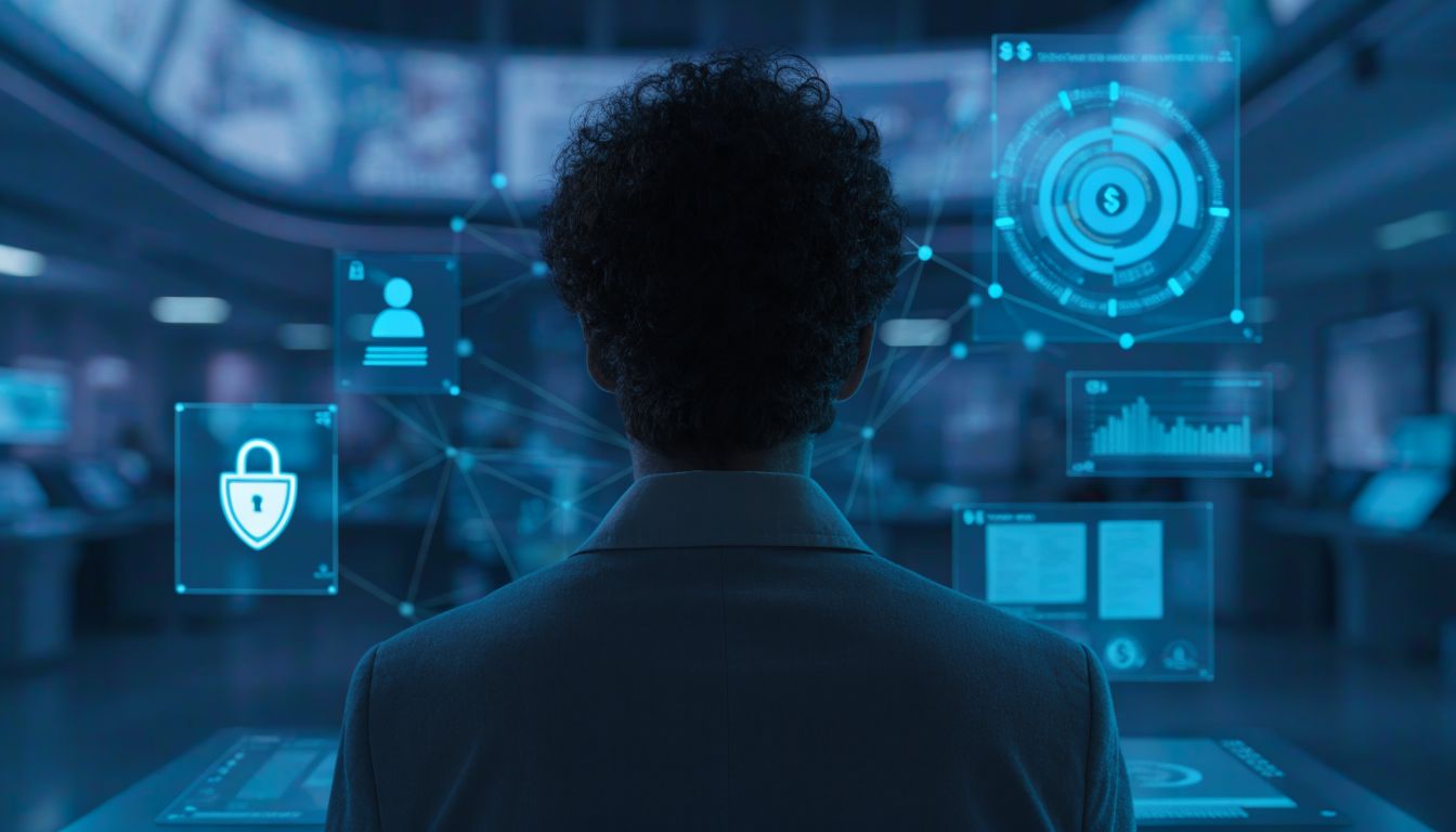 A healthcare data analyst viewed from behind in a softly blurred, futuristic medical billing command center, observing a glowing blue and cyan holographic interface with connected nodes, security shields, user icons, and encrypted financial charts, with no visible faces.