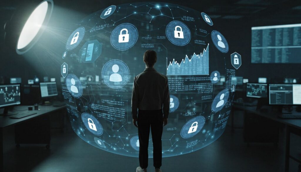 Healthcare data analyst viewed from behind examining a glowing blue holographic interface with connected nodes, security shields, user icons, and encrypted financial charts in a cinematic medical billing command center, no faces visible