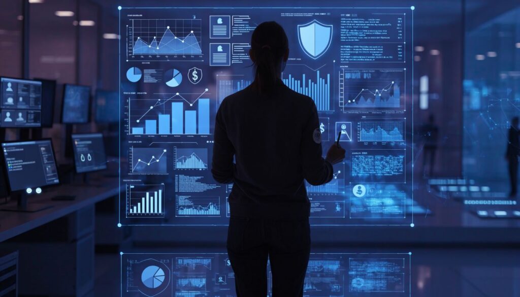 Healthcare data analyst viewed from behind reviewing a glowing blue holographic interface with connected nodes, security shields, user icons, and encrypted financial charts in a modern medical billing command center, no faces visible