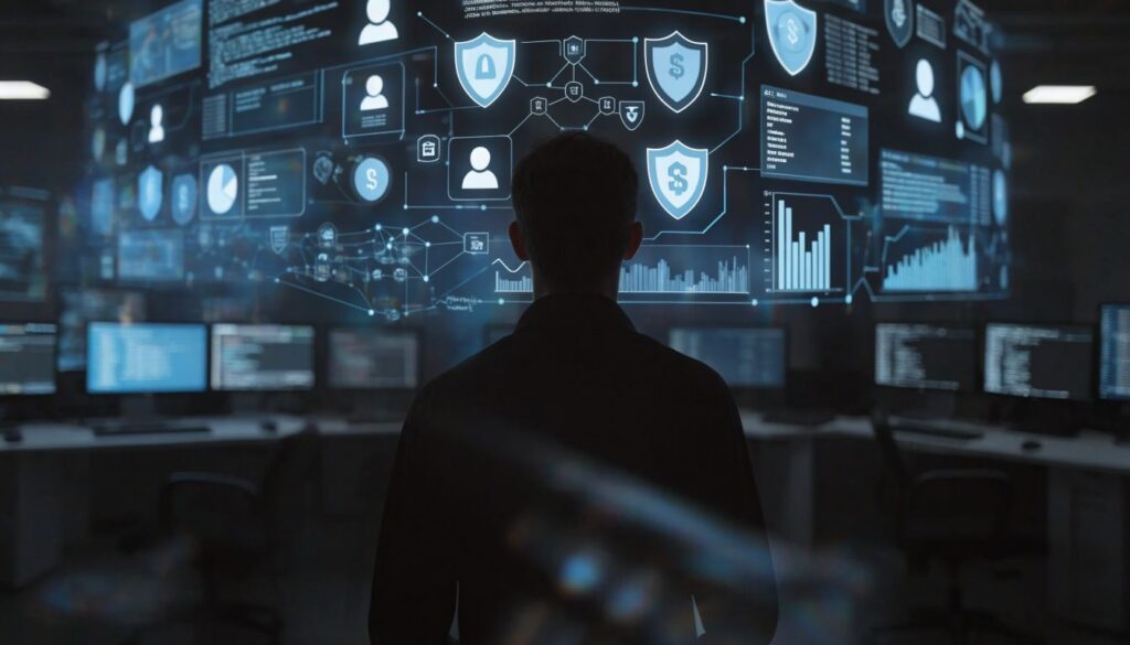 Over-the-shoulder view of a healthcare data analyst in silhouette, facing a glowing blue and cyan holographic interface with connected nodes, security shields, user icons, and encrypted financial charts, set against a softly blurred medical billing command center with workstations, no faces visible, cinematic corporate cybersecurity aesthetic, photorealistic wide-angle 16:9