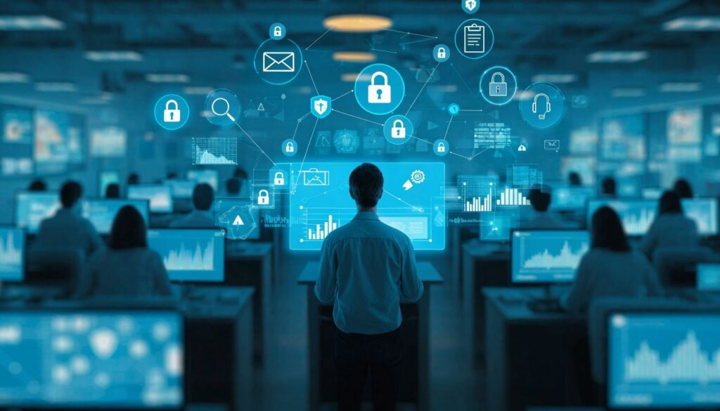 A healthcare data analyst viewed from behind in a softly blurred medical billing command center, studying a glowing blue holographic interface with connected nodes, security shields, user icons, and encrypted financial charts, cinematic corporate cybersecurity aesthetic, no visible faces, wide 16:9 composition