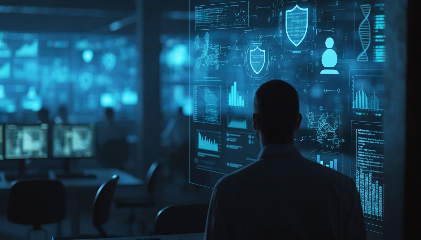 Over-the-shoulder view of a healthcare data analyst in silhouette, facing a glowing blue and cyan holographic interface with connected nodes, security shields, user icons, and encrypted financial charts, against a softly blurred futuristic medical billing command center with workstations, no faces visible, cinematic corporate cybersecurity aesthetic, photorealistic wide-angle 16:9